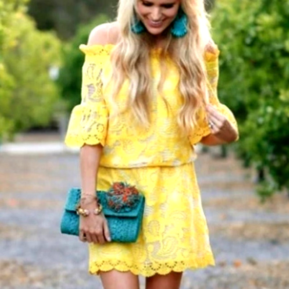 Alexis Yellow Silk Lace Mini Dress XS Off Shoulder Floral Fairy Coquette Kawaii - Picture 15 of 16